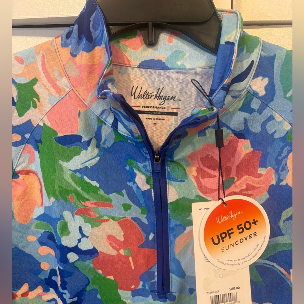 NWT Walter Hagen Blue Gouache Floral P11 Performance UV Protection Quarter Zip - Picture 5 of 9